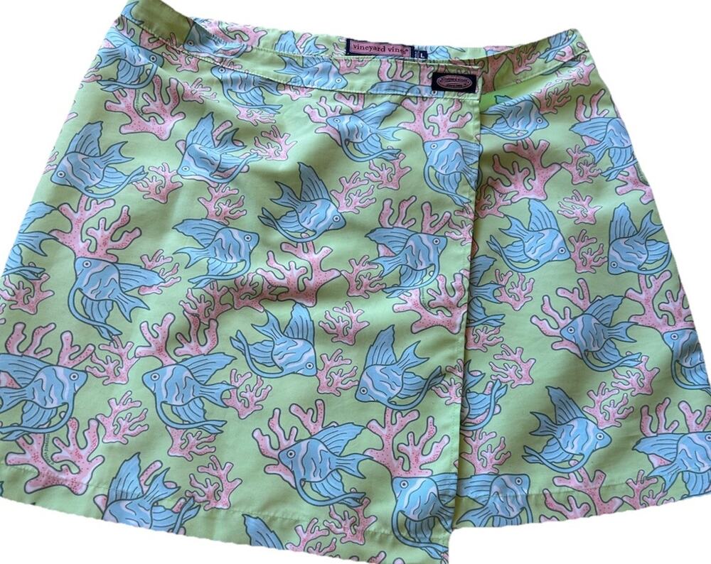 Vineyard Vines Wrap Mini Skirt Green Fish Pink Coral Swim Coverup Beach Preppy L